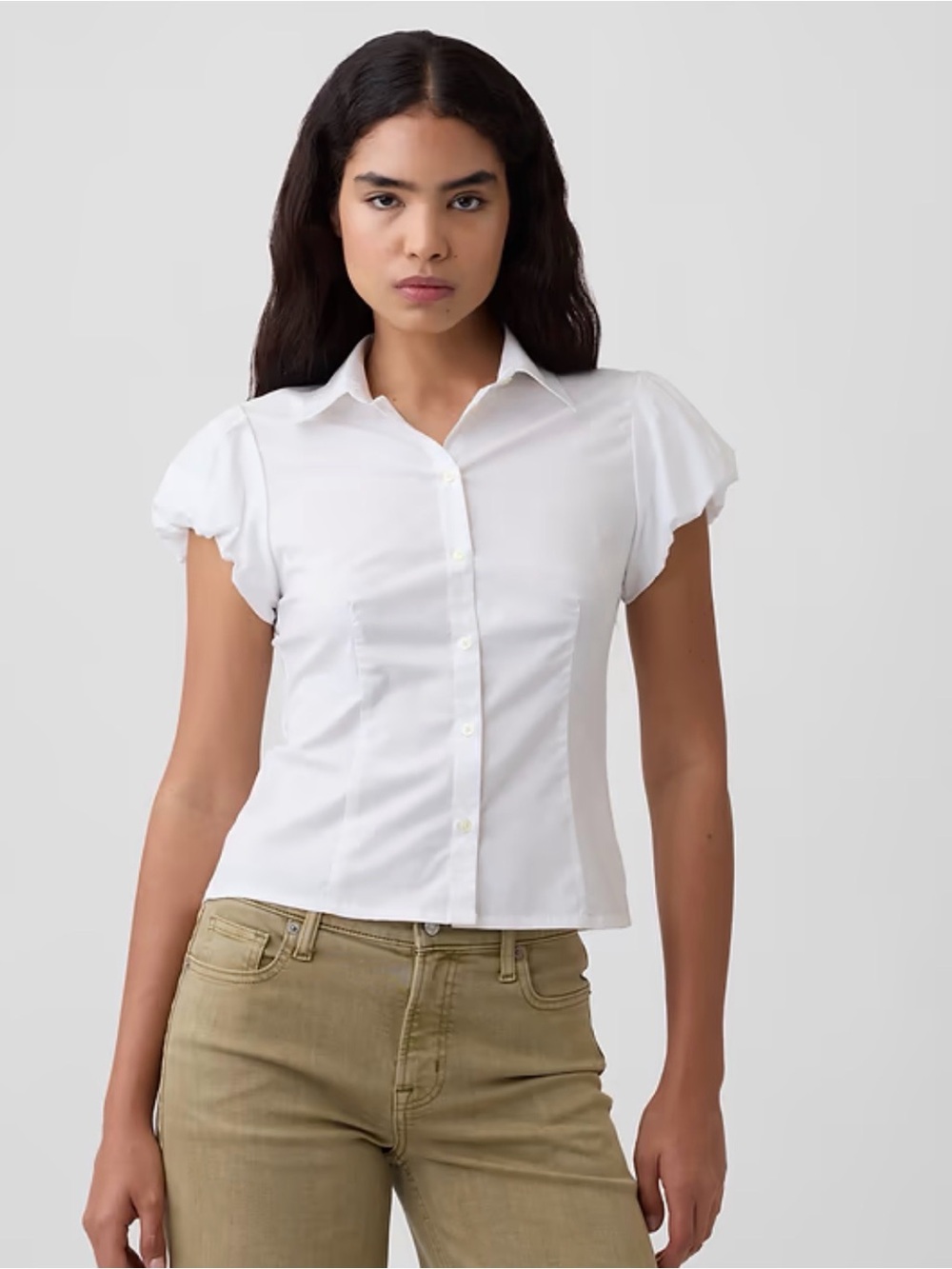 J. Crew White Puff-sleeve Tailored Button-Front Shirt cotton blouse top size M